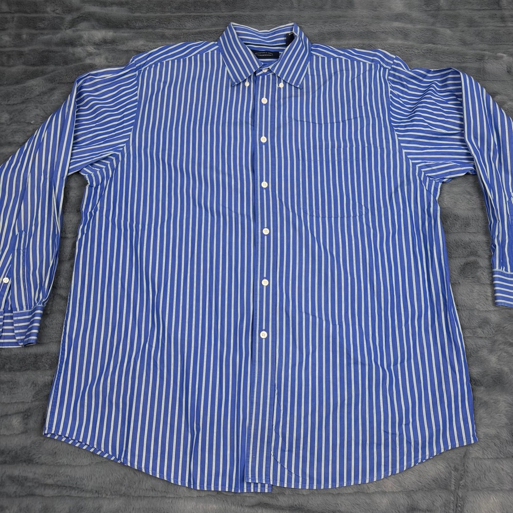 Roundtree & Yorke Trademark Mens XL Blue White Striped Cotton Button Down Shirt